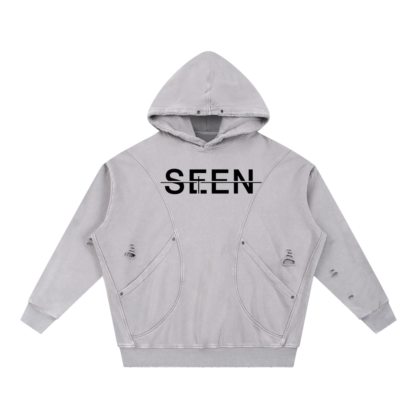 Snow Washed Distressed Panel Pocket Hoodie